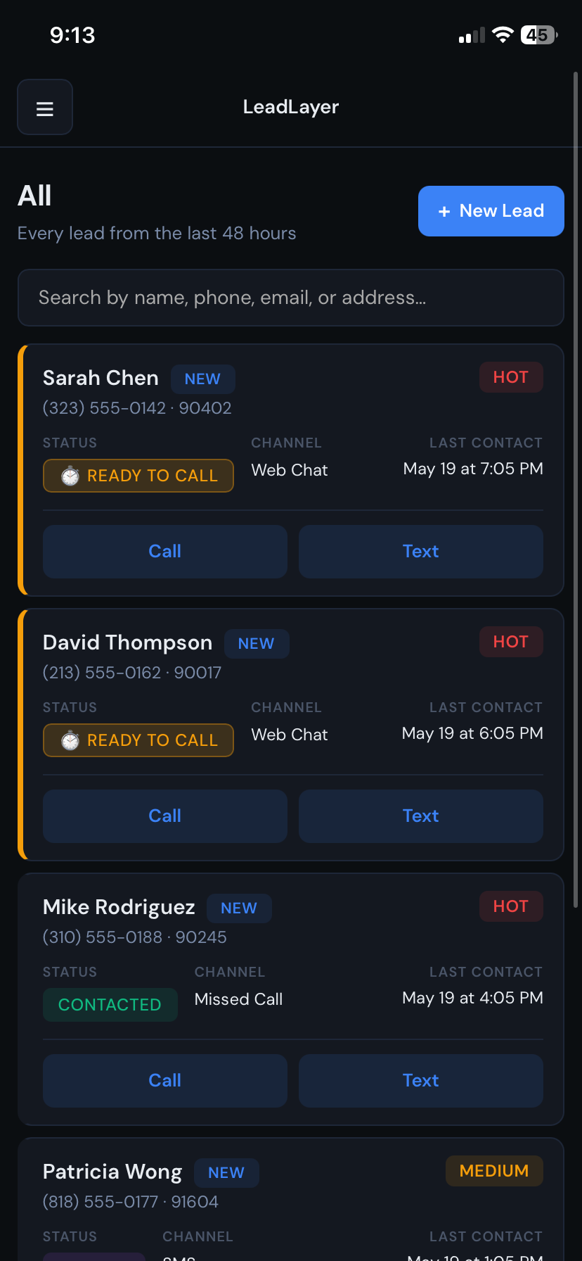 LeadLayer inbox on iPhone